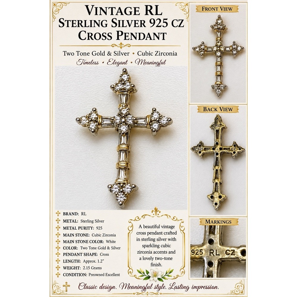 Vintage RL Sterling Silver 925 CZ Cross Pendant Two Tone Gold Silver 2.15g